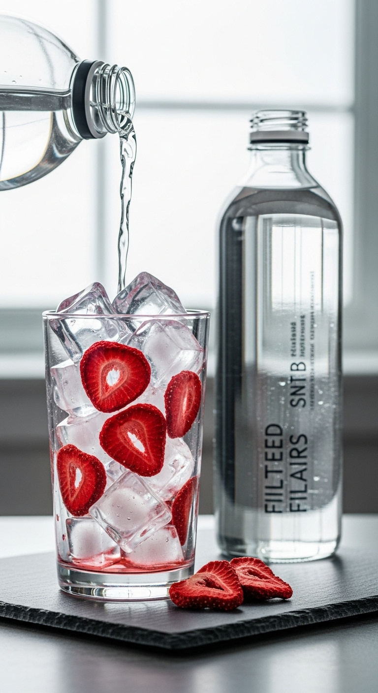 Tall Glass With Ice And Freeze Dried Strawberry Slices Next To A Bottle Of Filtered Water For A Strawberry Acai Refresher