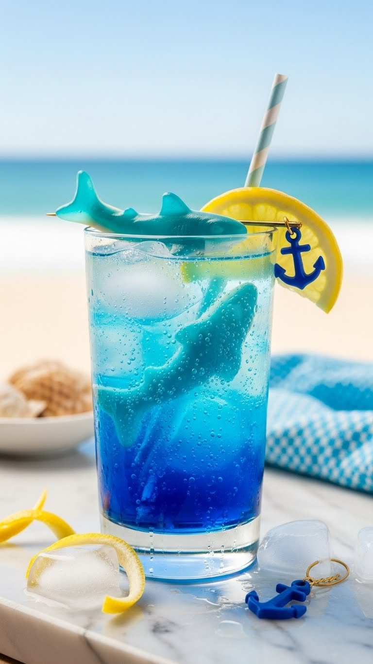 Tall Glass With Layered Deep Blue And Clear Bubbly Ocean Water Mocktail Featuring Gummy Sharks And Lemon Twist