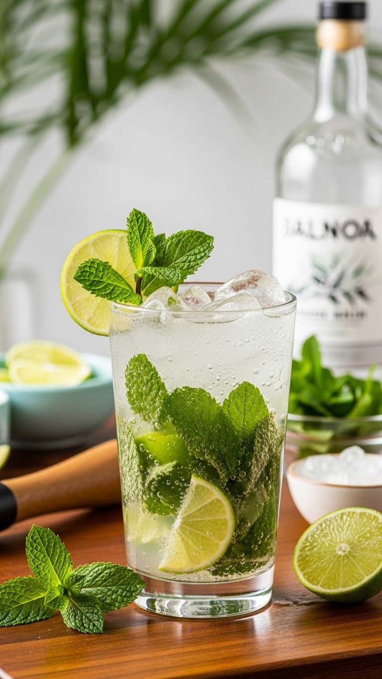 Tall Highball Glass Of Sugar-Free Mojito With Mint Leaves, Lime Wedges, And Condensation On Polished Bar Top