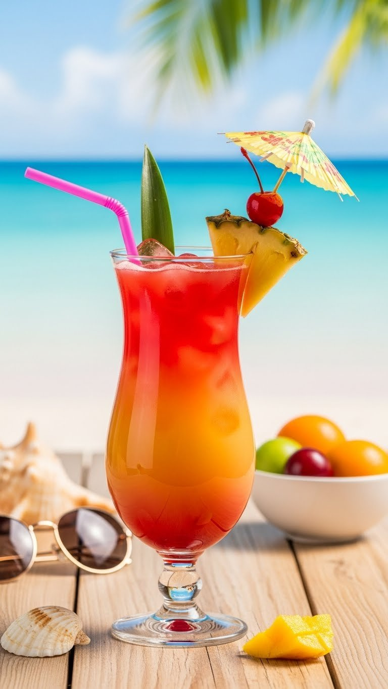 Tall Hurricane Glass With Layered Mango Bahama Mama Cocktail Garnished With Pineapple And Cherry