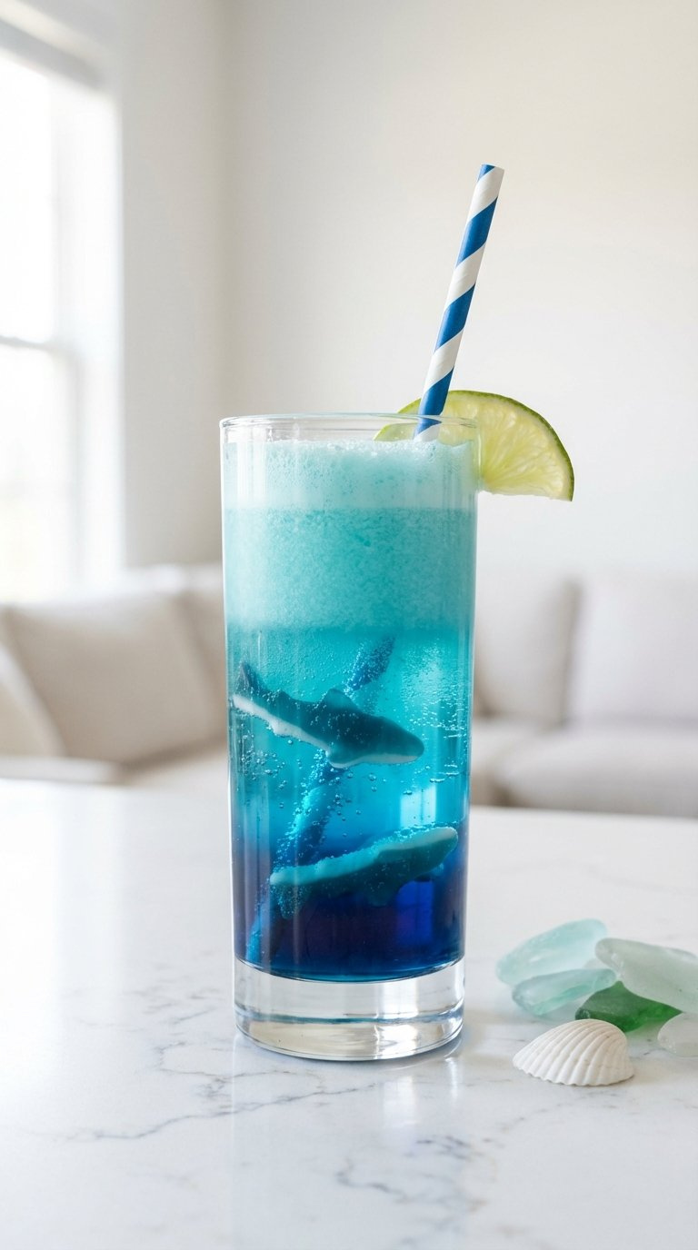 Tall Layered Ocean Water Mocktail In Clear Glass With Blue Gradient Layers, Gummy Sharks, And Nautical Striped Straw