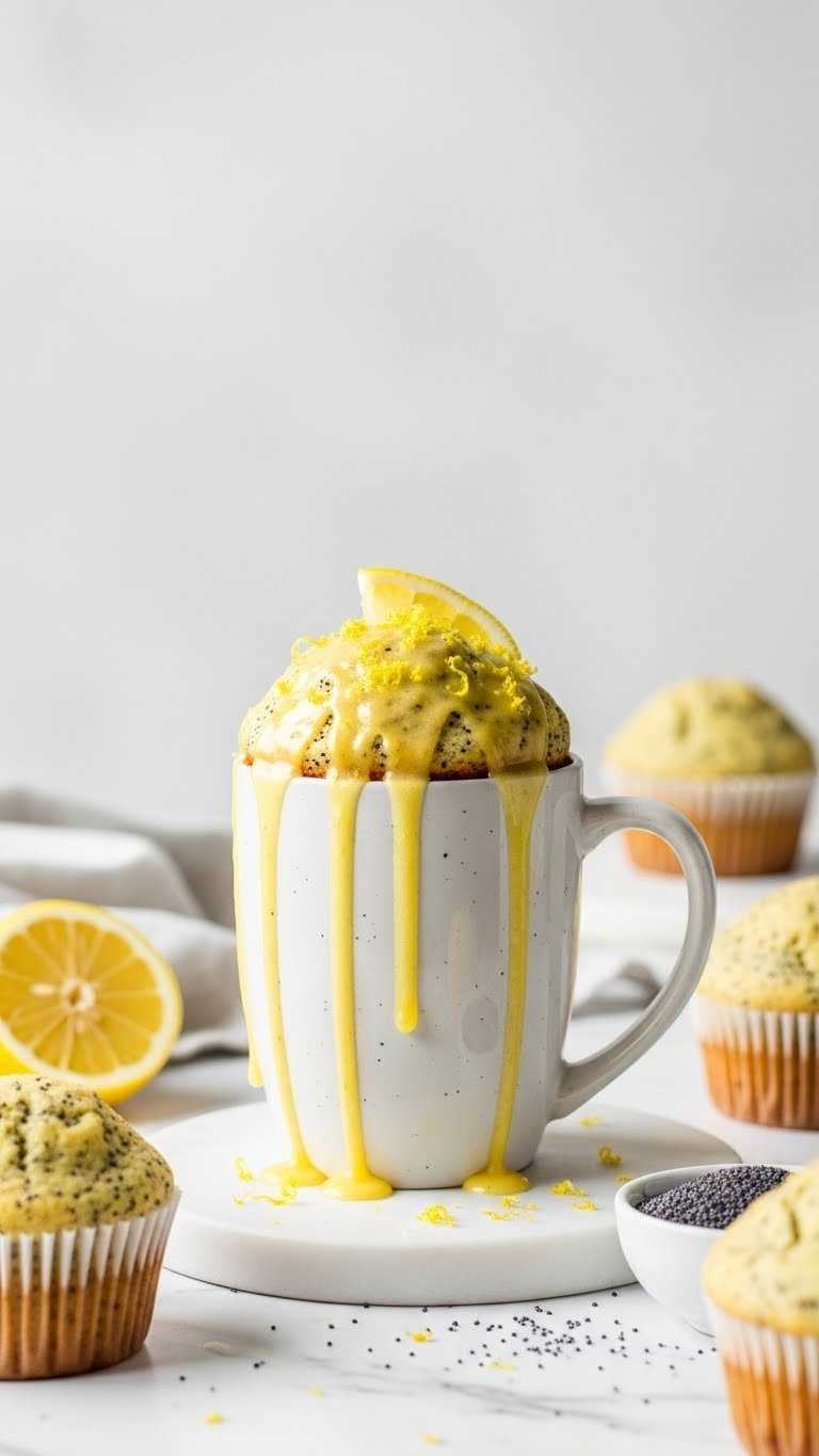 Tall Lemon Poppy Seed Mug Muffin With Bright Lemon Glaze, Zest, Poppy Seeds On White Marble Countertop. Fresh Look.