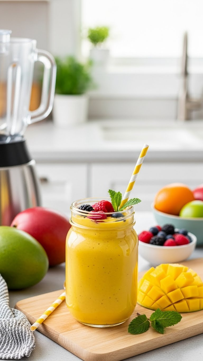 Tall Mason Jar Filled With Thick Mango Smoothie Topped With Fresh Berries And Chia Seeds