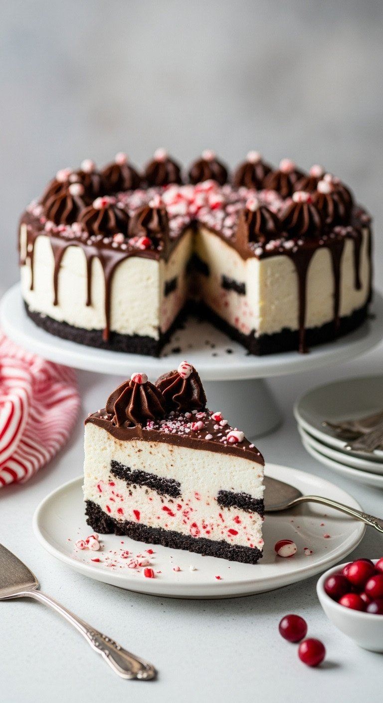 Tall Slice Of No-Bake Peppermint Bark Cheesecake: Chocolate Crust, Peppermint Cream Cheese, Ganache, Bark, On White Stand.