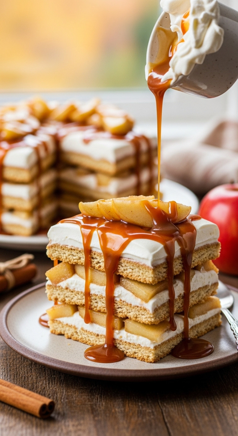 Tall Slice Of Caramel Apple Icebox Cake With Graham Crackers, Cinnamon Whipped Cream, Apples, And Caramel Drizzle On A Rustic Plate.