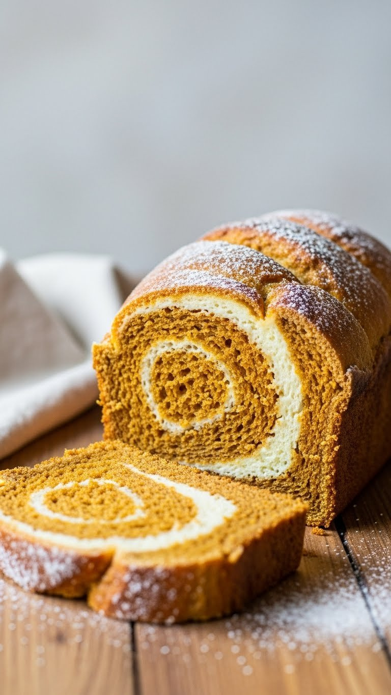 Tall Slice Of Moist Pumpkin Cream Cheese Swirl Bread, Creamy White Swirl, Spiced Orange, On Rustic Wooden Table With Linen.