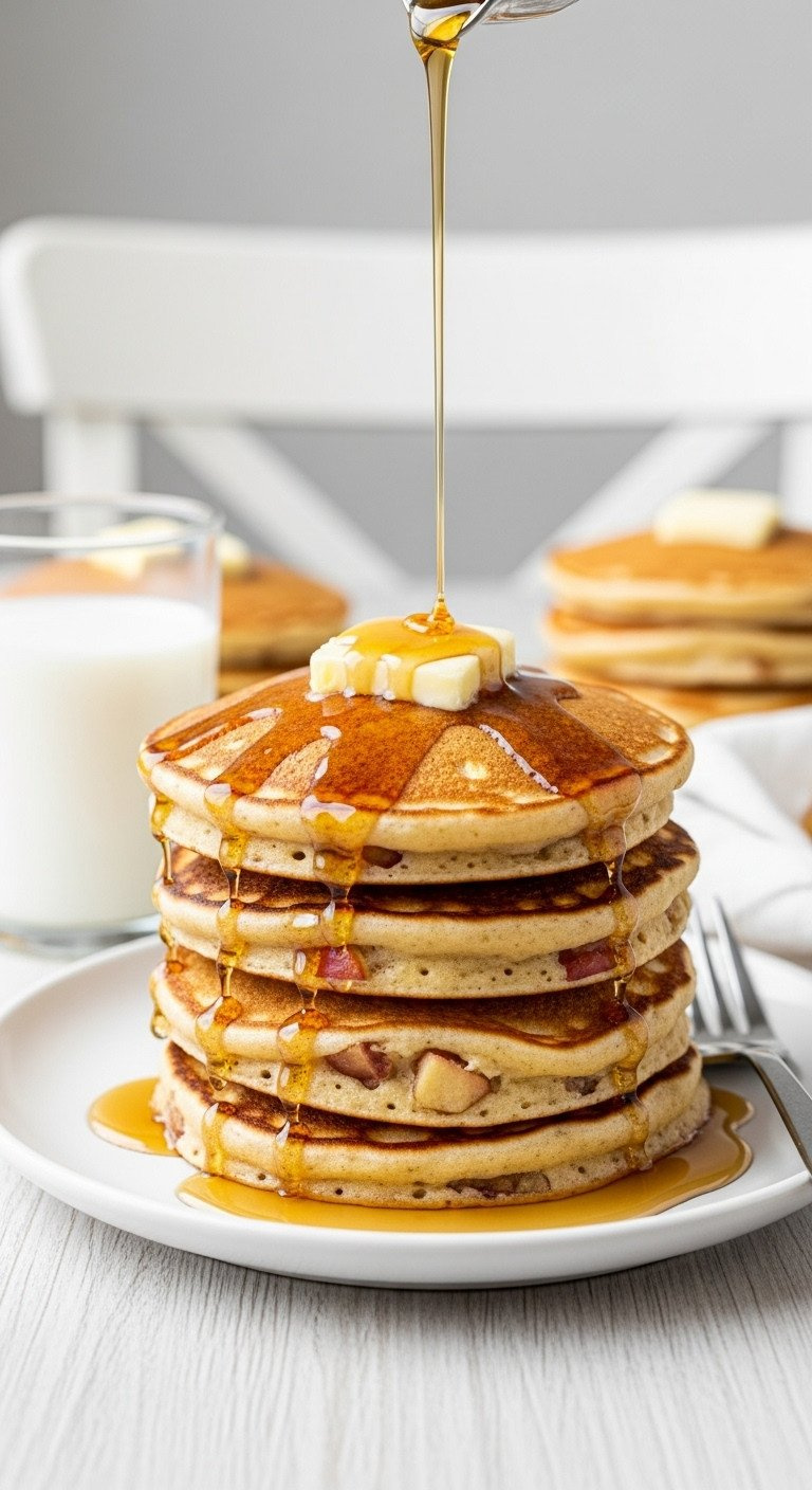 Tall Stack Of Fluffy Apple Pancakes With Melting Butter And Dripping Maple Syrup For Breakfast Or Brunch.