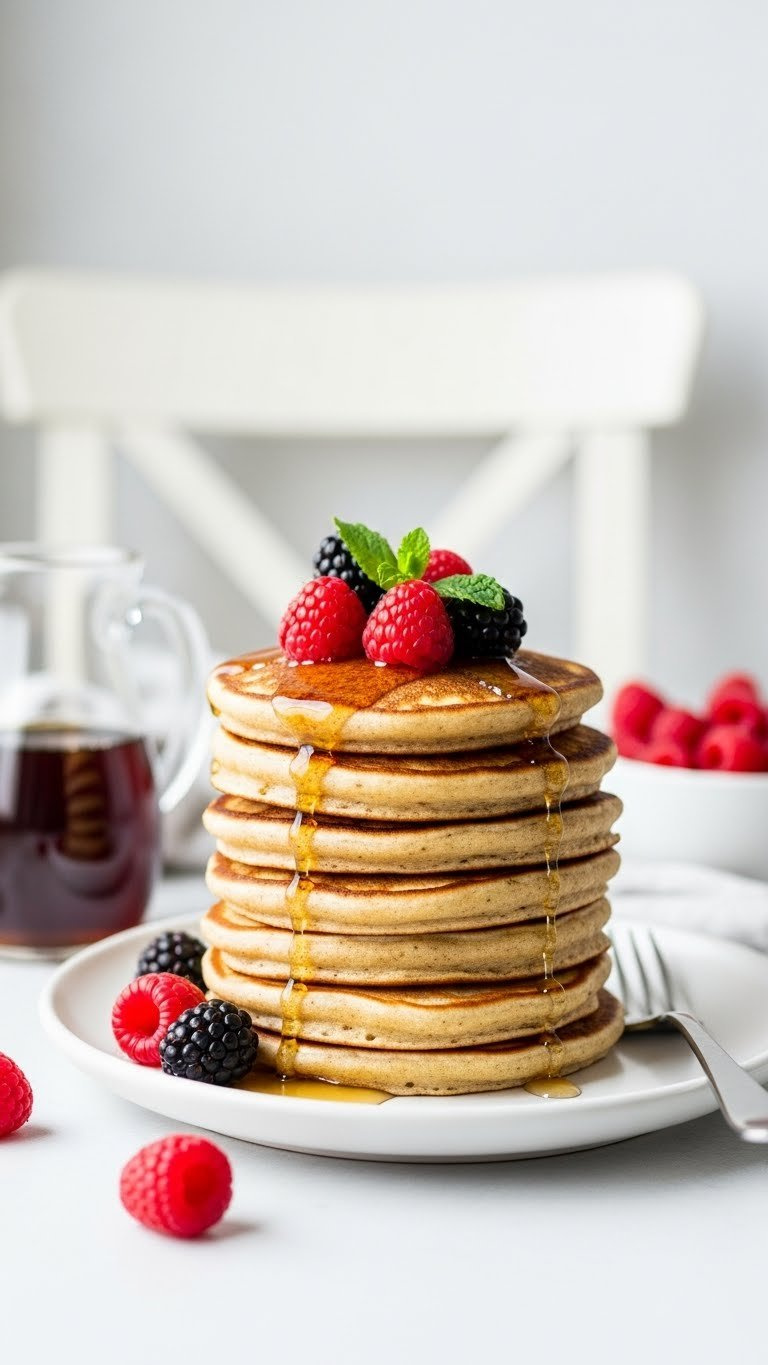 Tall Stack Of Golden Vegan Pancakes With Berries, Maple Syrup Drizzle, And Fork, Highlighting Airy Flax Egg Texture.