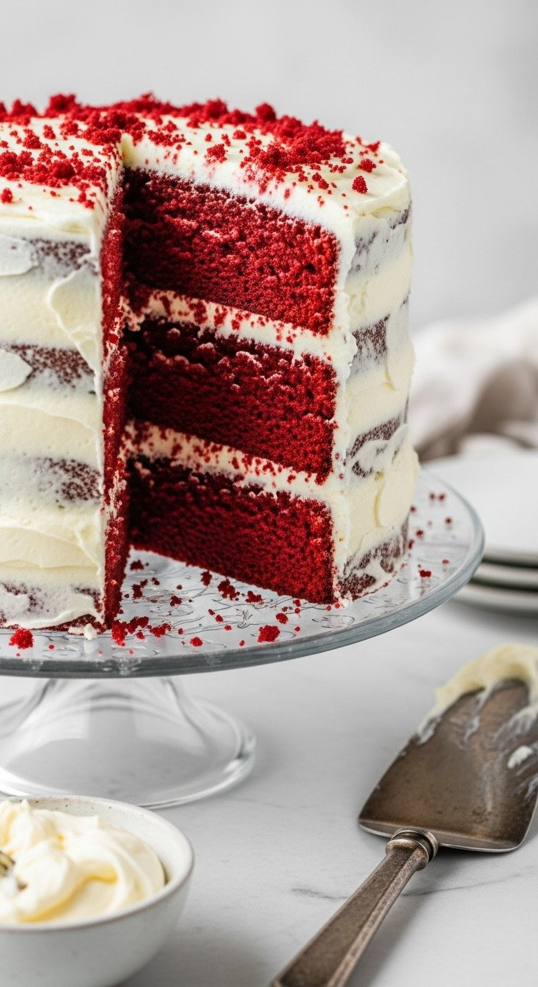 Tall Three-Layer Red Velvet Cake With Thick Cream Cheese Frosting And Red Crumbs. Elegant Dessert On A Glass Stand.