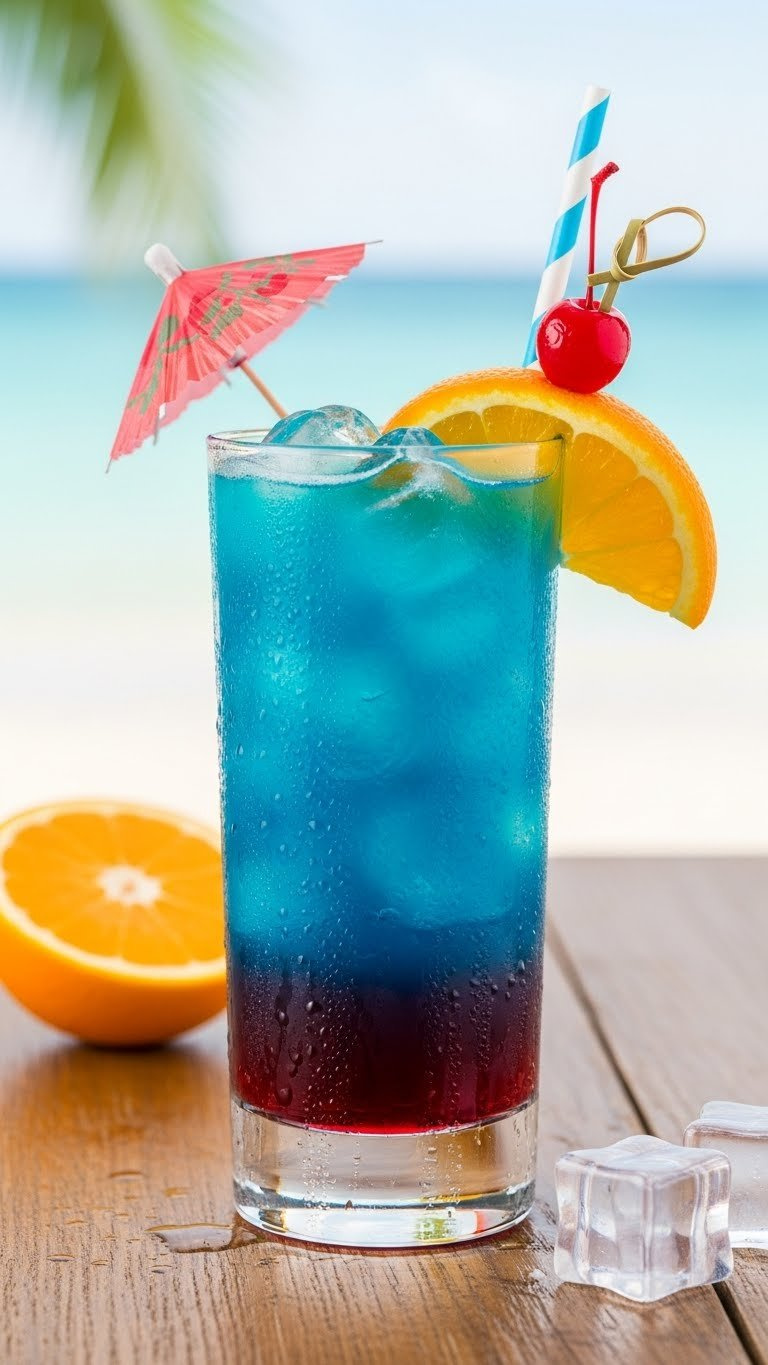 Tall Vibrant Electric Blue Mocktail In Highball Glass With Orange Slice And Maraschino Cherry Garnish On Rustic Wooden Table