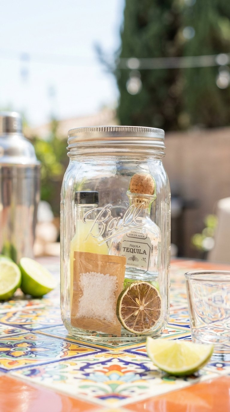 Tangy Margarita Kit In Mason Jar With Mini Tequila Bottle, Lime Juice, Salt Packet, And Dried Lime Wheel On Ceramic Tile