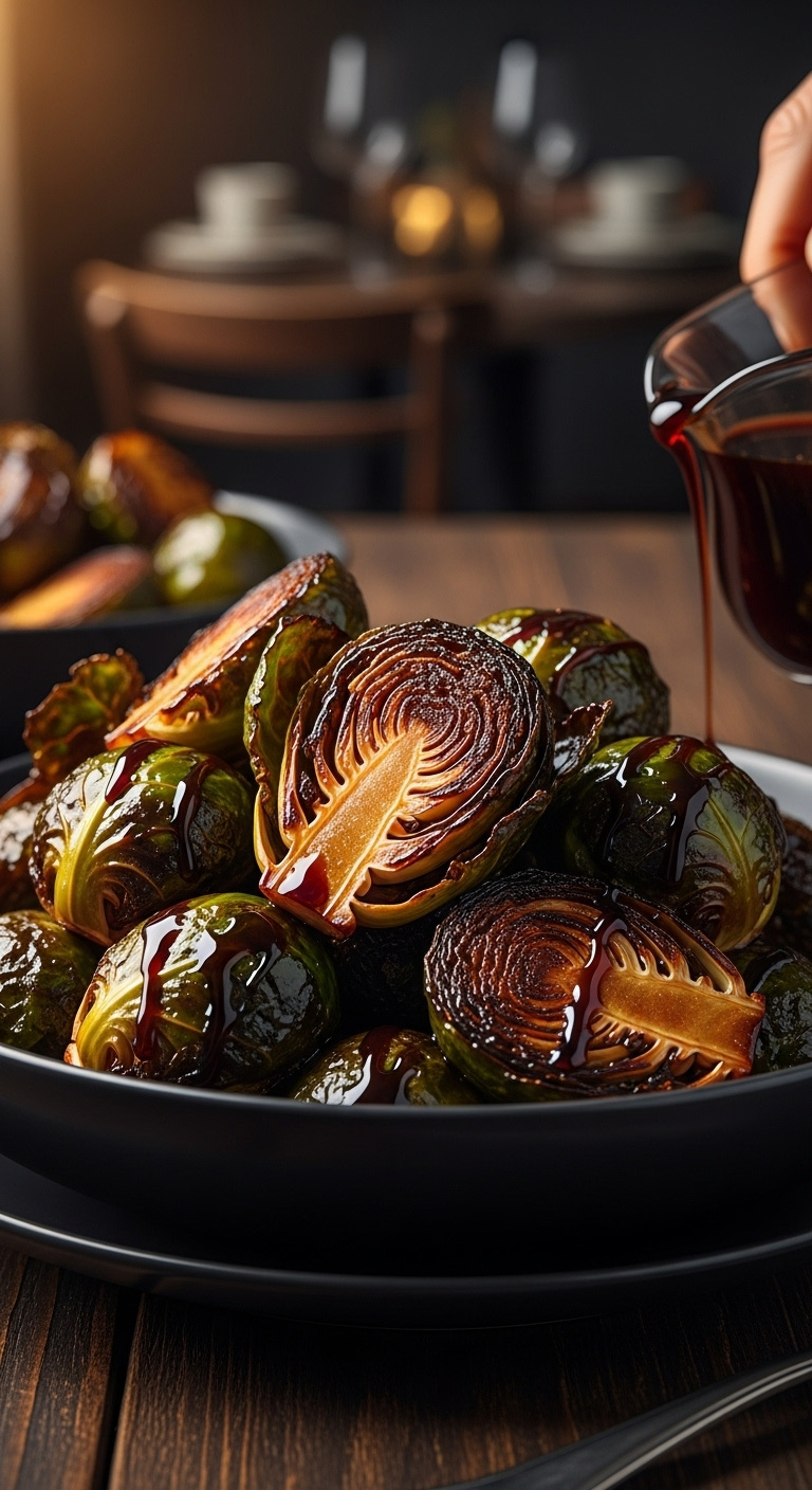Tangy Balsamic Glaze Air Fryer Brussels Sprouts With Charred Leaves In A Dark Bowl On A Rustic Wood Table
