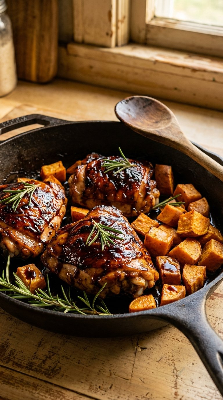 Tangy Balsamic Glazed Chicken Thighs With Roasted Sweet Potatoes In Cast Iron Skillet