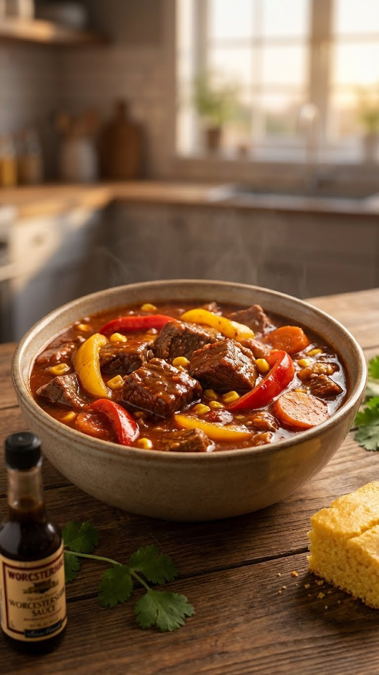 Tangy Beef Stew In Modern Bowl With Succulent Beef, Bell Peppers, Corn, Carrots. Rich, Flavorful Meal With Worcestershire, Cilantro, Cornbread. Cozy, Easy Recipe.
