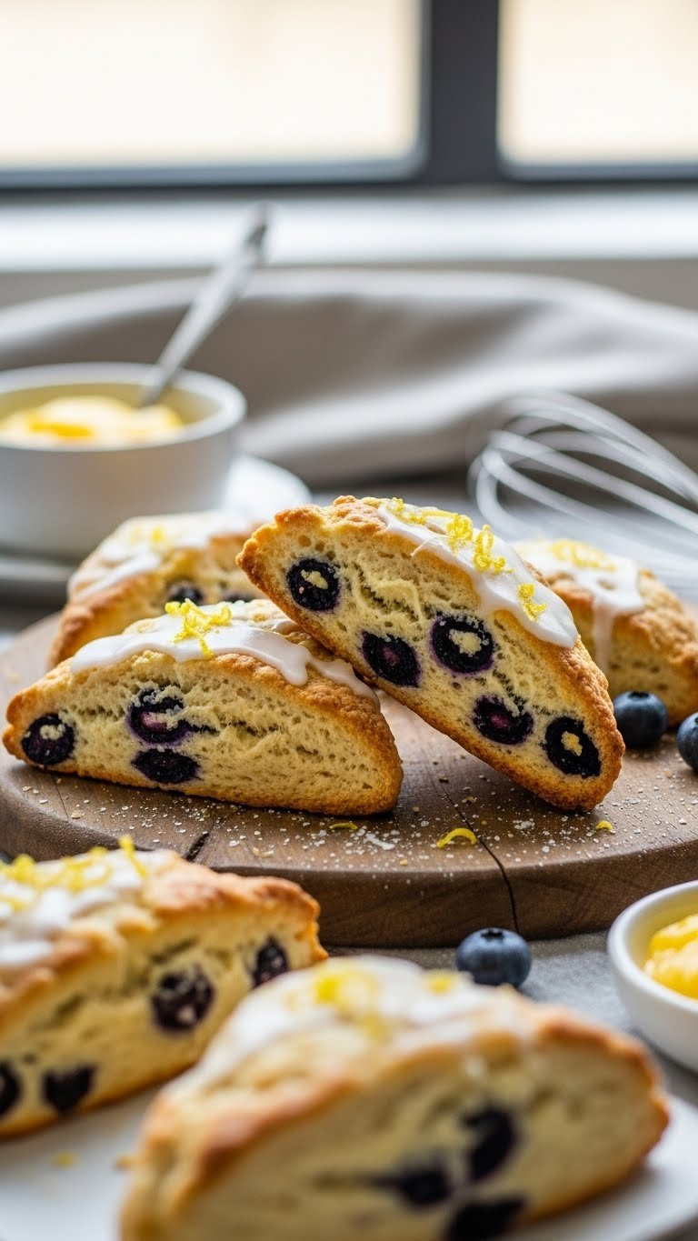 Tangy Lemon Blueberry Scones, Glazed, With Burst Blueberries &Amp; Lemon Zest On A Rustic Board, Lemon Curd Nearby.