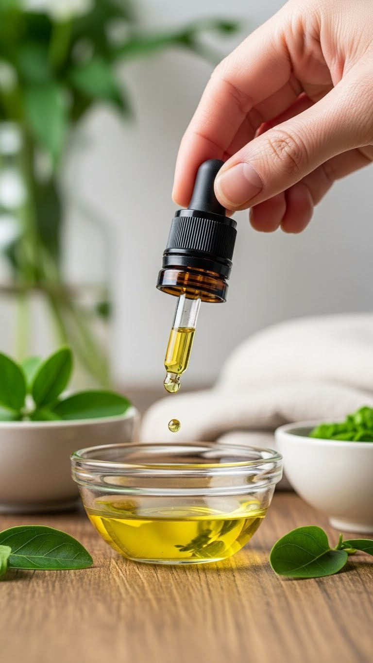 Tea Tree Oil Dropper Bottle Dripping Into Mixing Bowl With Carrier Oil For Diluted Acne Skincare Application