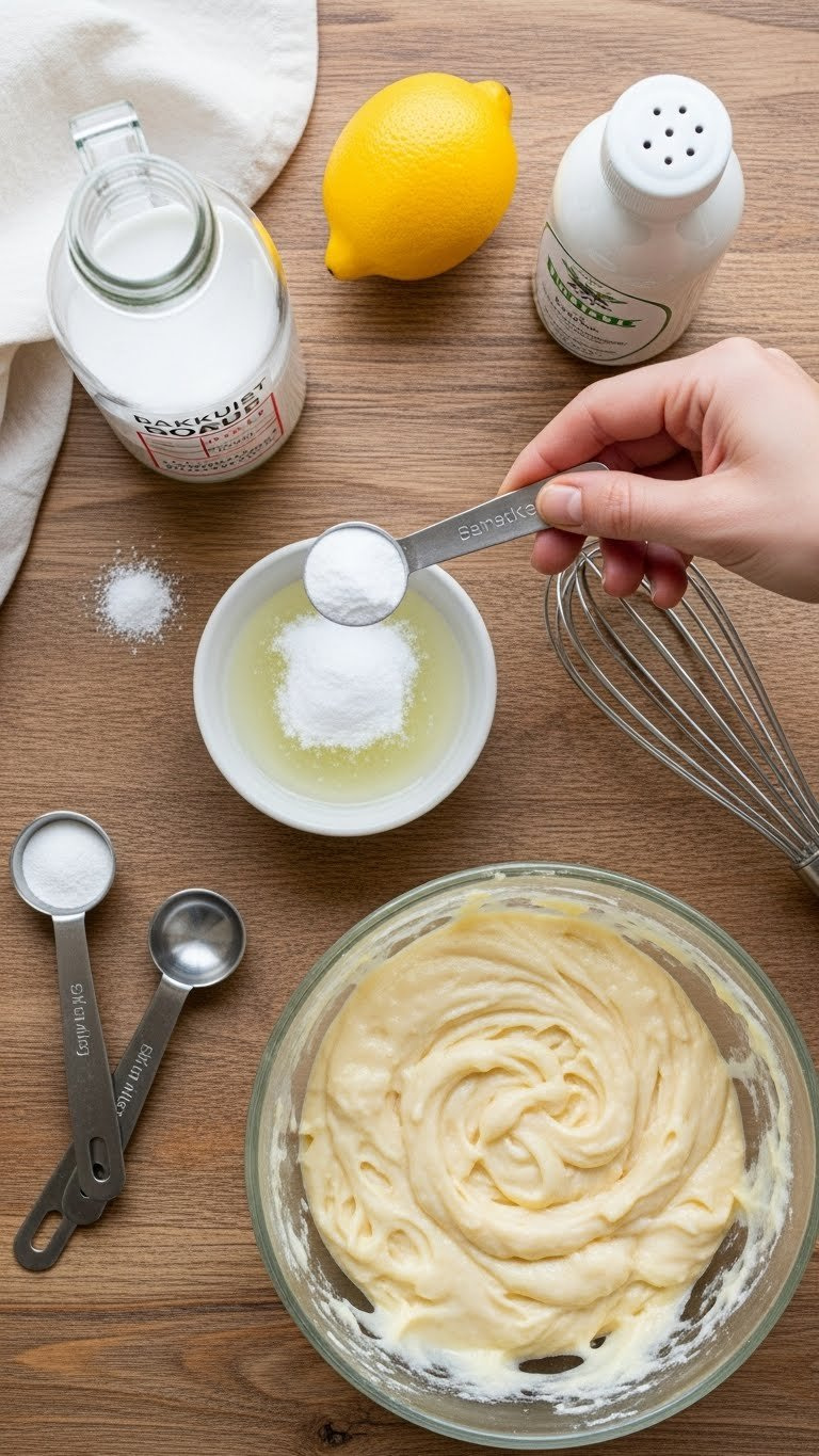 Teaspoon Of Baking Soda Reacts With Vinegar Next To Cake Batter, Showing Leavening For A Baking Recipe.
