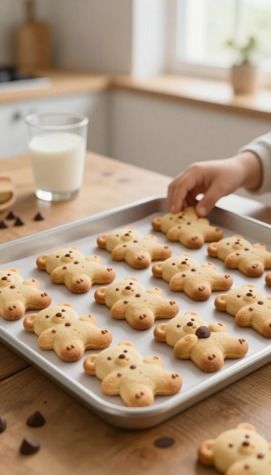 Teddy Bear-Shaped Cookies With Chocolate Features And Sprinkles On Rustic Wooden Table With Glass Of Milk