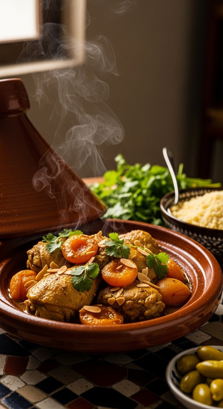 Tender Chicken Tagine With Apricots, Cilantro, And Almonds Served In A Traditional Earthenware Pot On A Mosaic Surface.