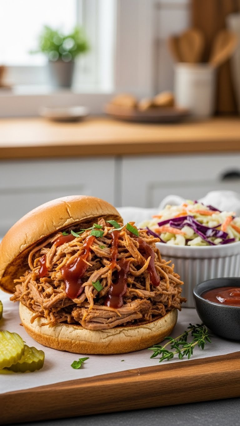 Tender Instant Pot Bbq Pulled Pork In A Whole-Wheat Bun With Fresh Coleslaw And Pickles On A Rustic Wooden Board.