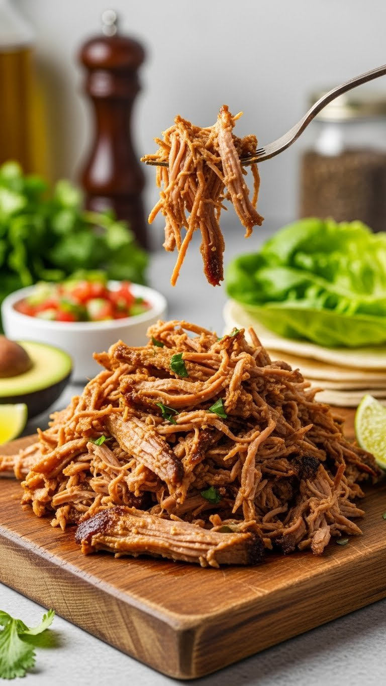 Tender Instant Pot Whole30 Pulled Pork Glistening With Juices On A Rustic Wooden Cutting Board With A Fork.
