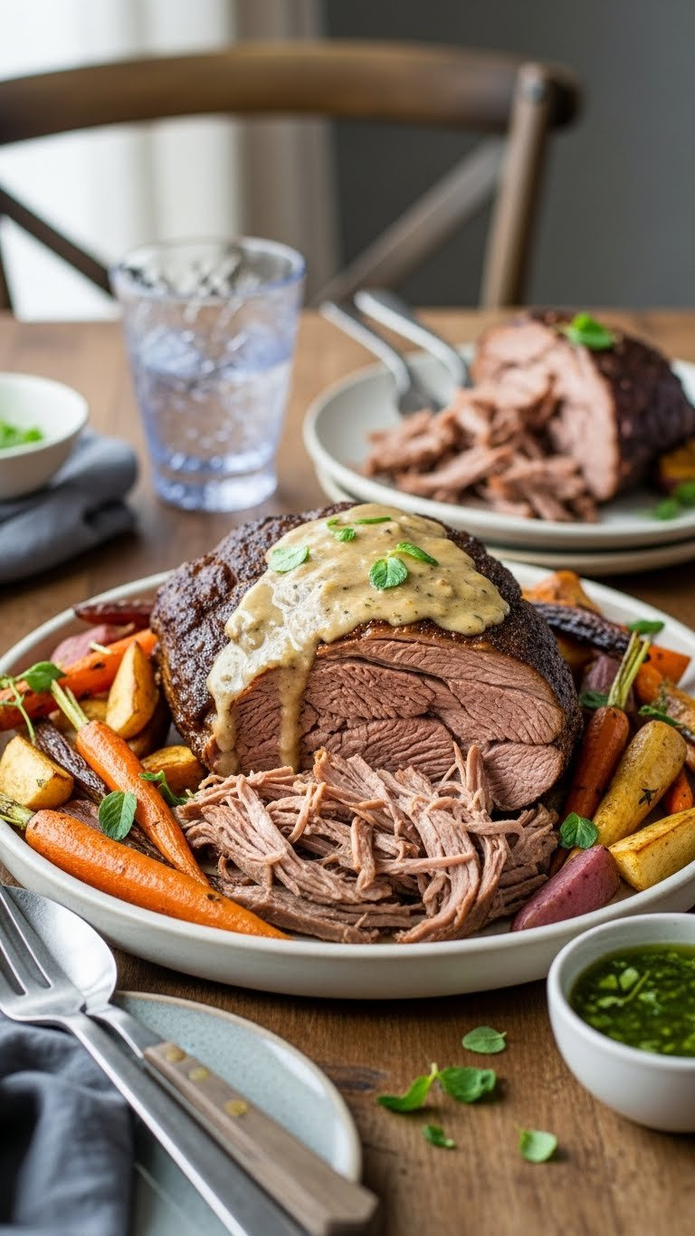 Tender Instant Pot Pulled Lamb Shoulder Roast, Artfully Shredded With Juicy Texture, Among Roasted Root Vegetables, With Mint Sauce.
