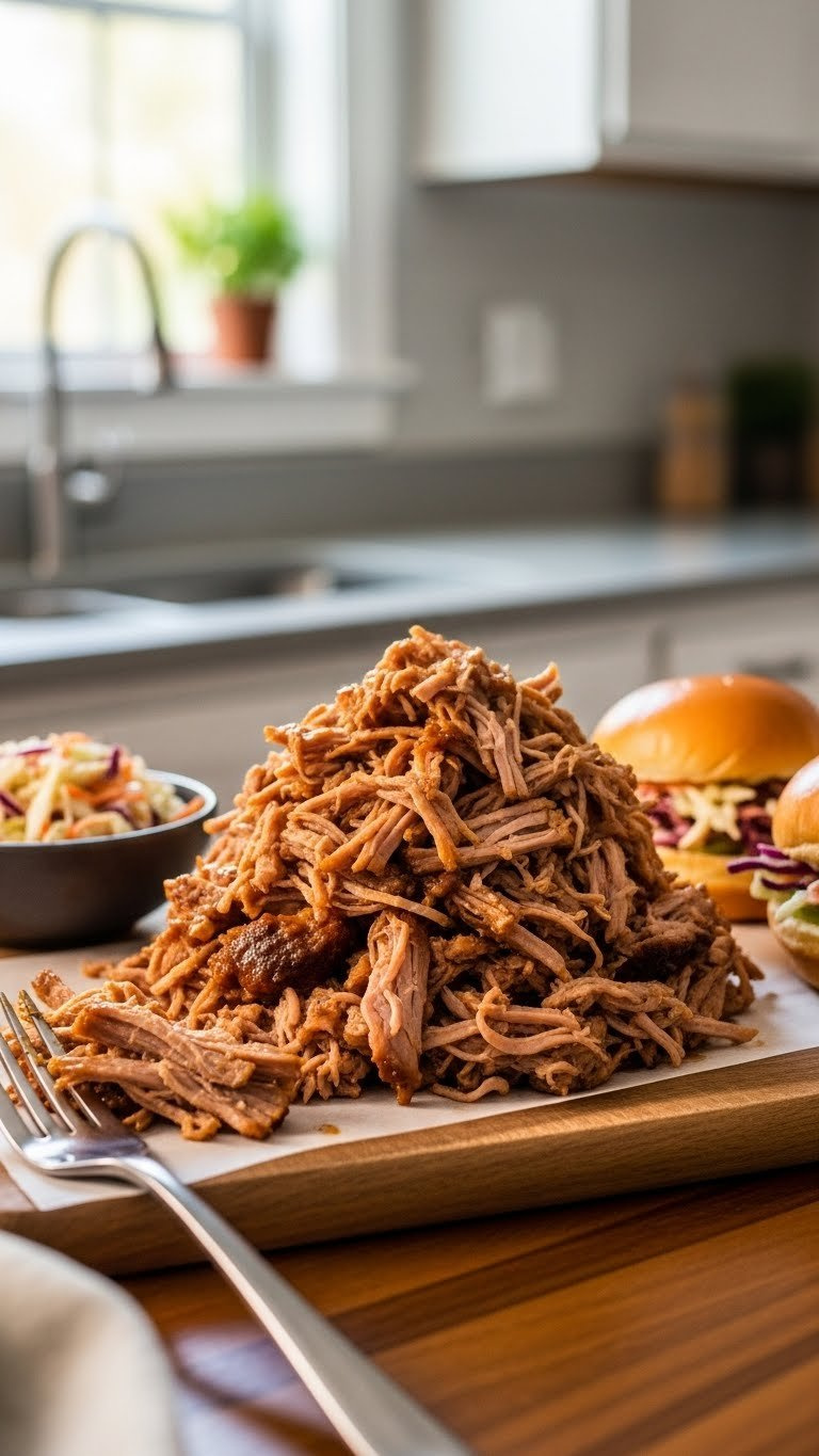 Tender Instant Pot Pulled Pork Glistening With Smoky Sauce On A Rustic Cutting Board With Coleslaw And A Brioche Bun.