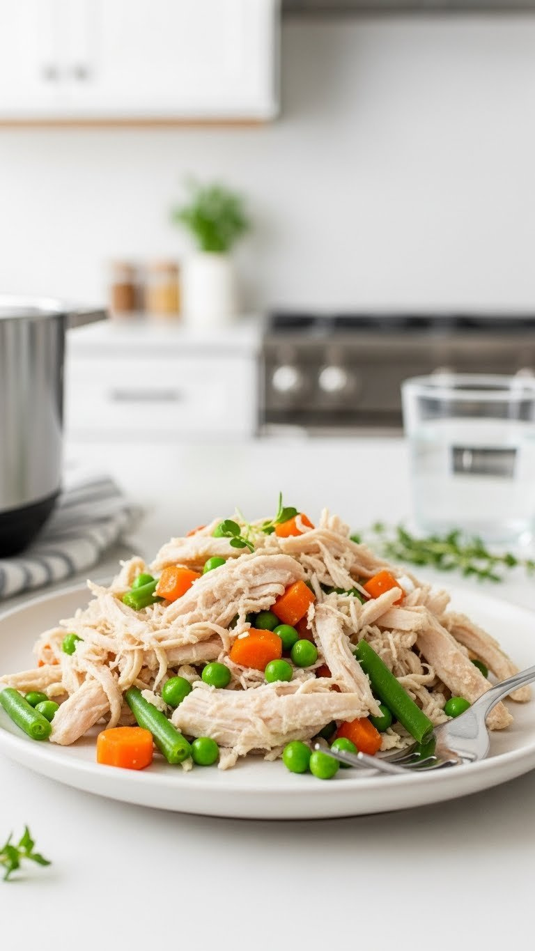 Tender Instant Pot Shredded Chicken And Soft-Cooked Carrots, Peas, And Green Beans On A White Plate For Toddlers.