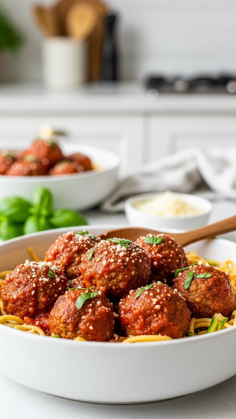 Tender Instant Pot Turkey Meatballs In Rich Marinara Sauce With Fresh Basil And Parmesan, Served With Pasta For Dinner.