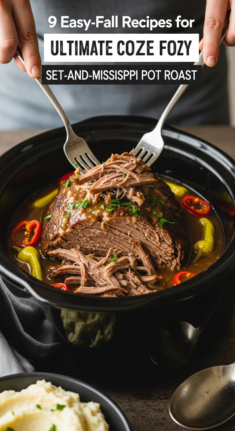 Tender Mississippi Pot Roast Being Shredded With Forks In A Slow Cooker With Rich Gravy And Pepperoncini Peppers