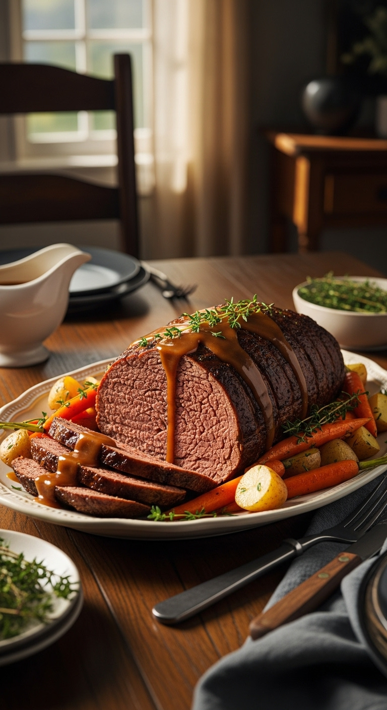 Tender Ninja Foodi Pot Roast With Carrots Potatoes And Gravy On A Ceramic Platter With A Gravy Boat And Thyme