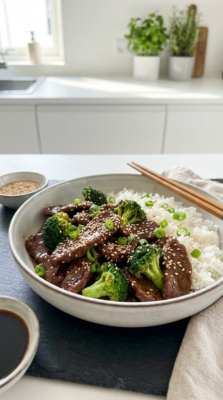 Tender Beef And Broccoli Stir-Fry With Sesame Seeds In Savory Soy-Ginger Sauce Served Over Fluffy White Rice In Modern Shallow Bowl.