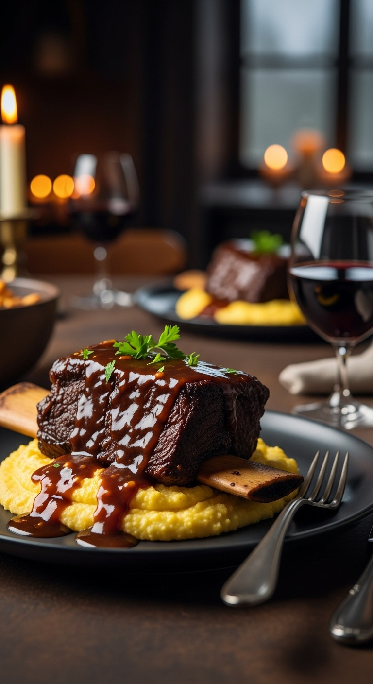 Tender Beef Short Ribs With Rich Gravy Over Creamy Polenta On A Dark Ceramic Plate With Parsley In Warm Moody Light