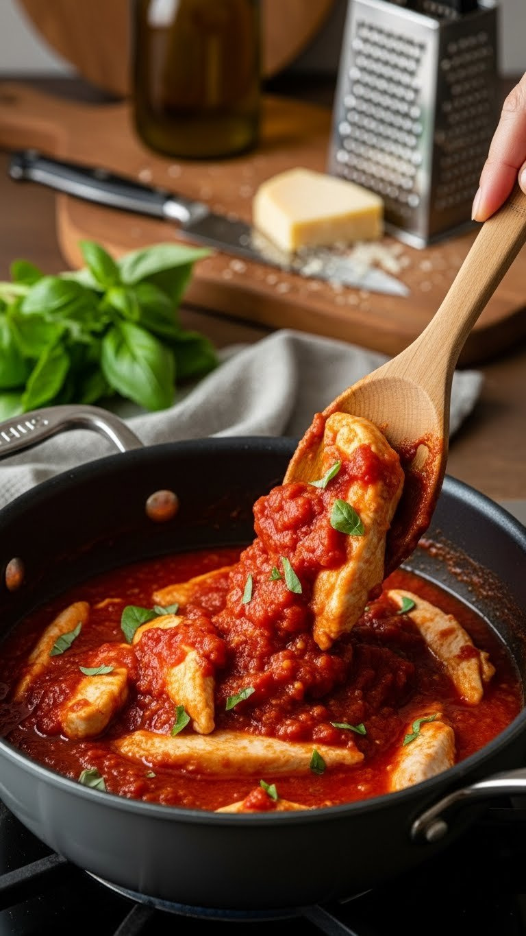 Tender Chicken Pieces Stirred Into Rich Marinara Sauce With Tomato Chunks In Medium Saucepan