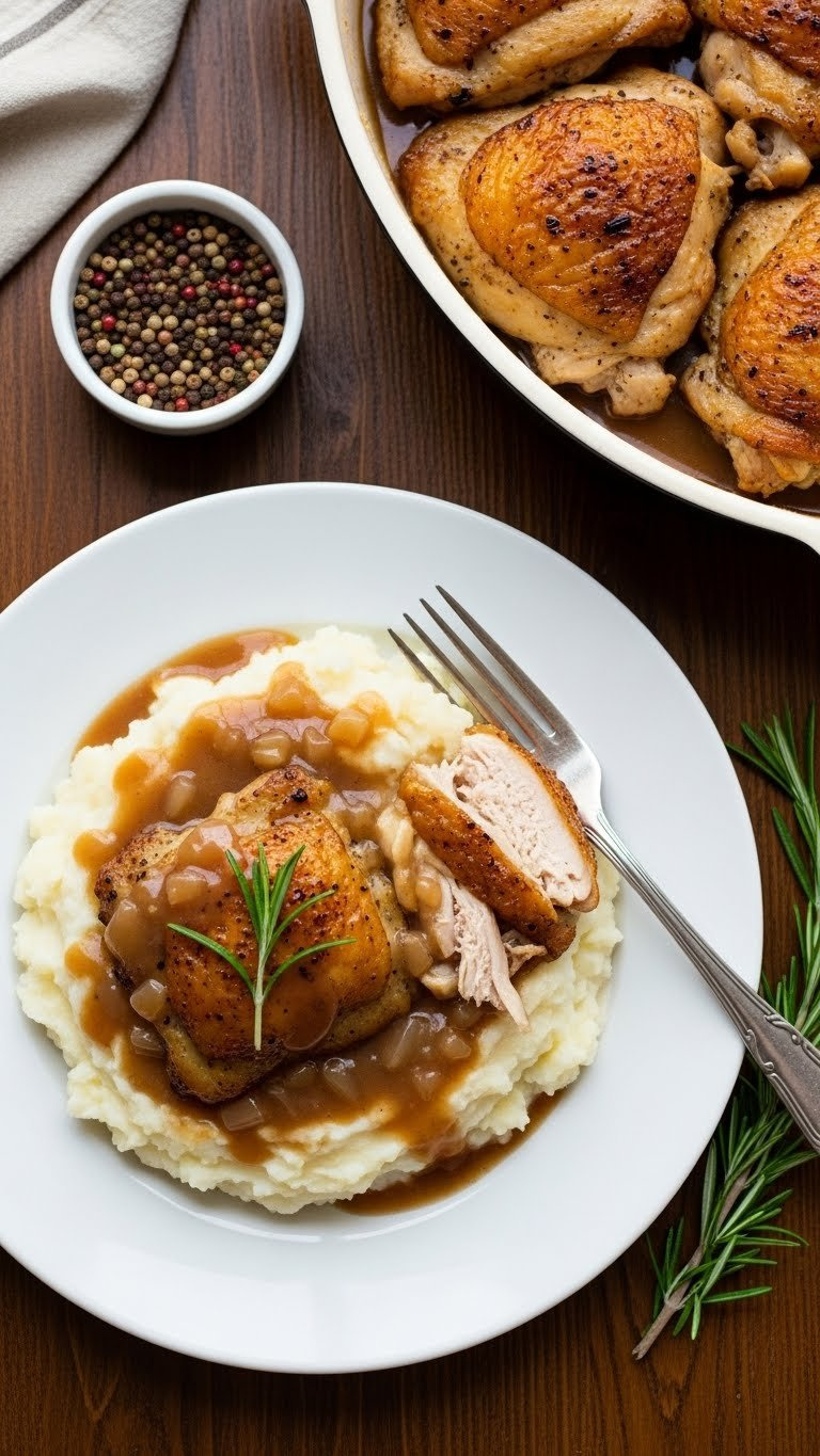 Tender Chicken Thighs From Frozen Served Over Mashed Potatoes With Rich Brown Gravy On White Ceramic Plate