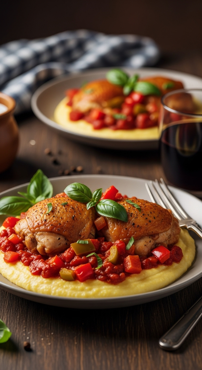 Tender Chicken Thighs Simmered In Rustic Chicken Cacciatore Tomato Sauce With Bell Peppers Onions And Polenta Garnished With Basil