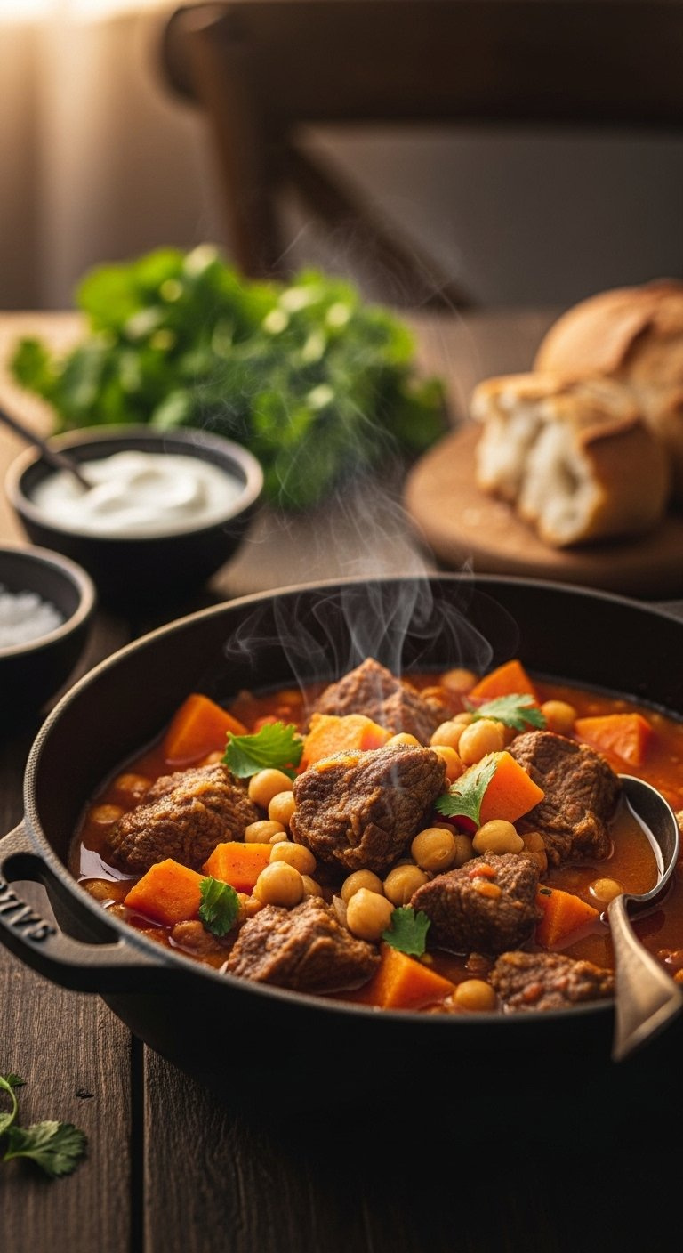 Tender Chunks Of Lamb, Chickpeas, And Sweet Potatoes Simmering In A Rich Orange Broth Inside A Dark Cast-Iron Pot.