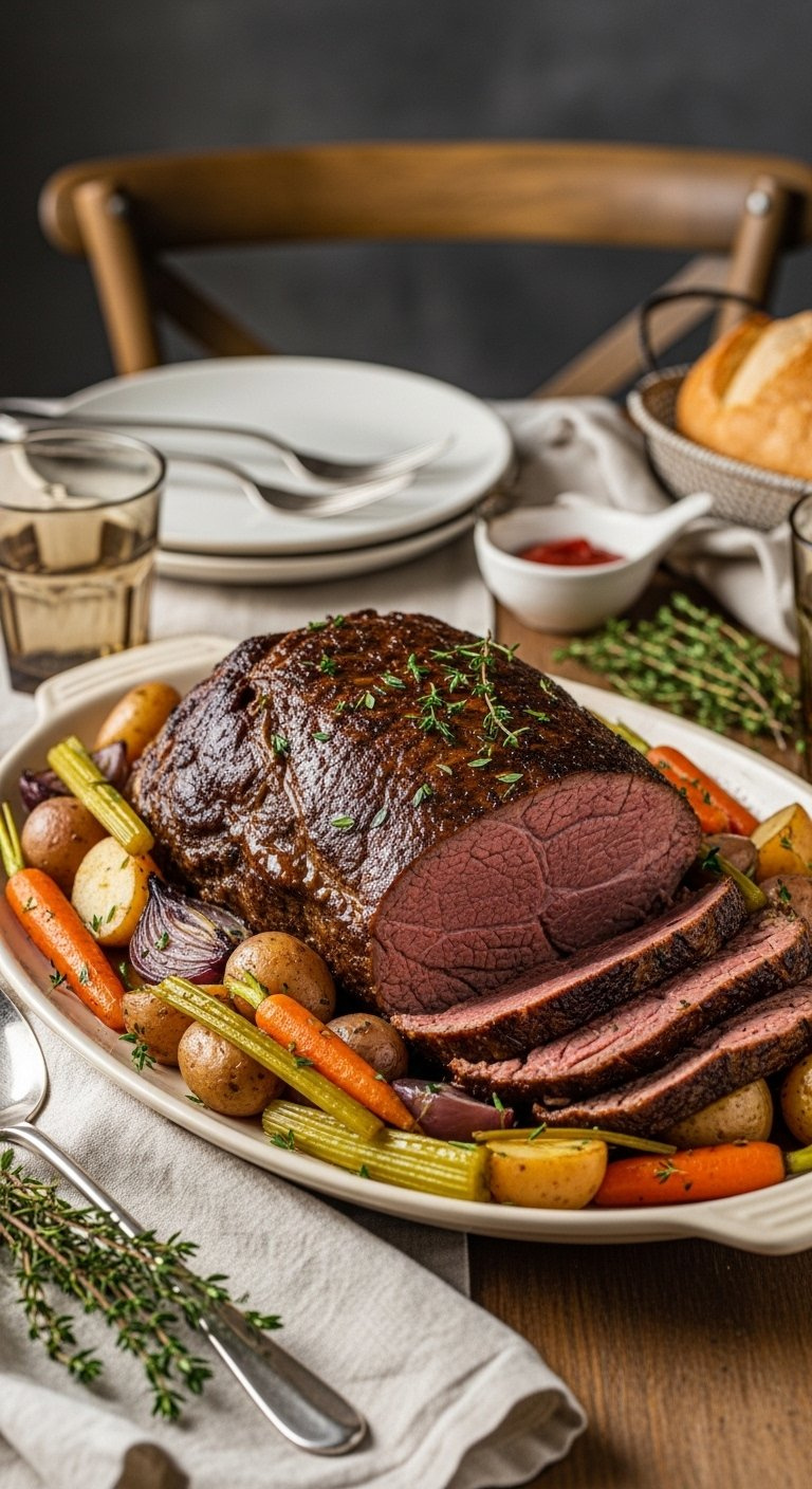 Tender Classic Pot Roast With Carrots, Potatoes, And Celery Resting On A Rustic Platter Garnished With Fresh Thyme.