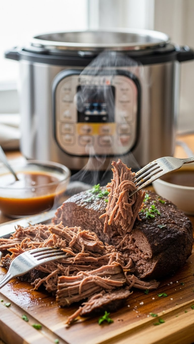 Tender, Cooked Chuck Roast Easily Shredded With Two Forks On A Wooden Cutting Board, With Visible Steam And Rich Gravy.