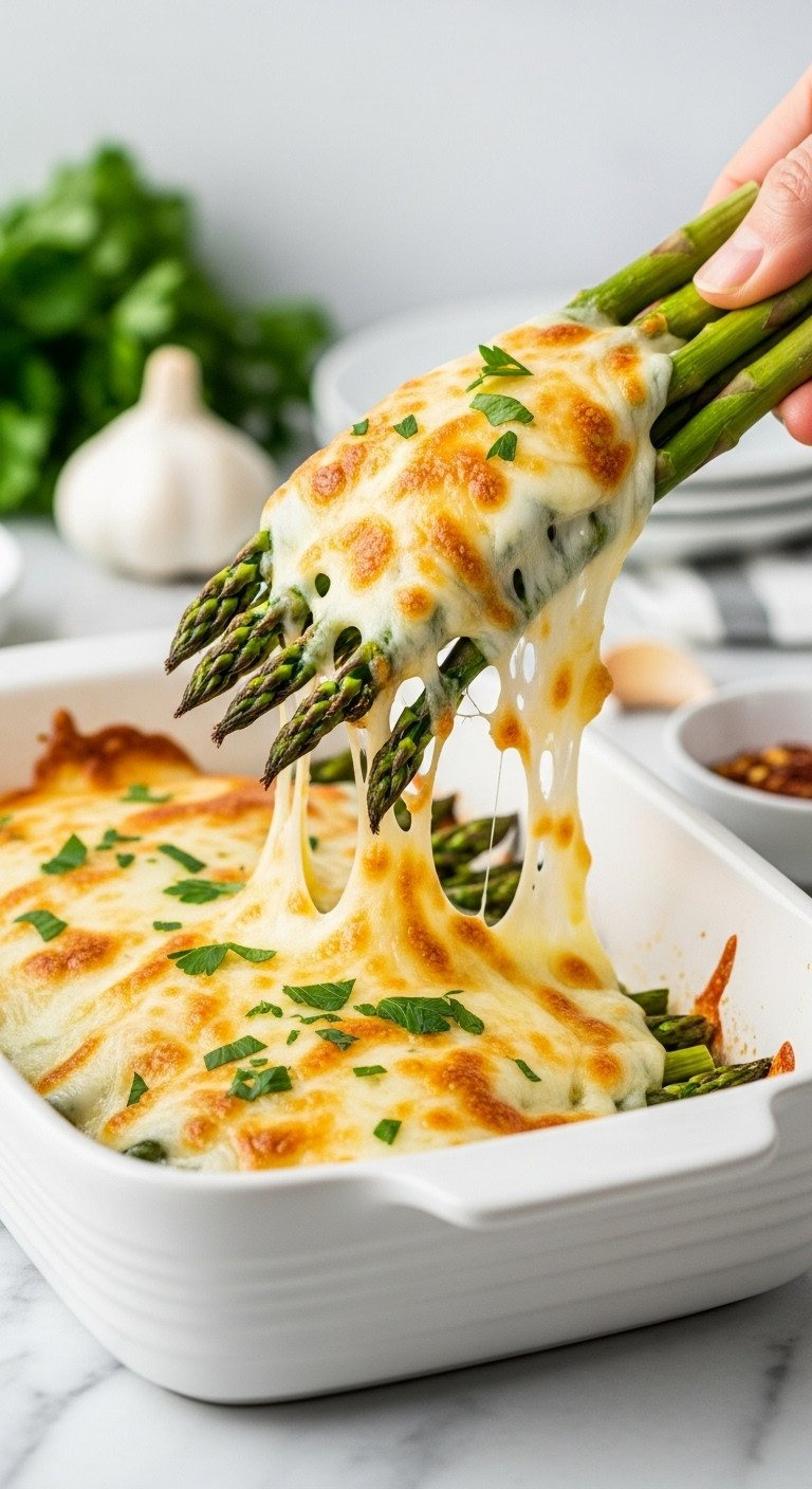 Tender-Crisp Cheesy Asparagus With Melted Mozzarella And Parmesan In A White Baking Dish On Marble, Garnished With Parsley.