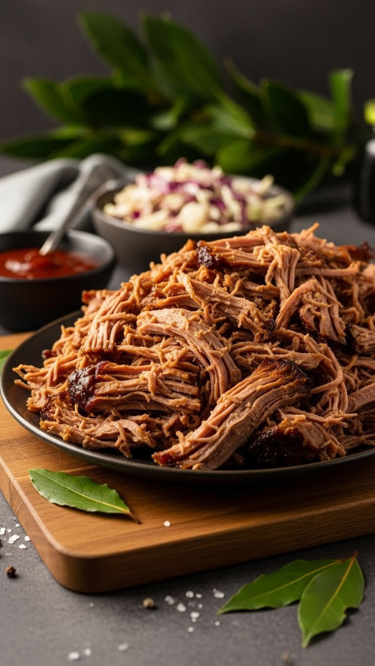 Tender Flavorful Pulled Pork With A Savory Aip-Compliant Sauce, Piled High On A Rustic Wooden Serving Board With Herbs.