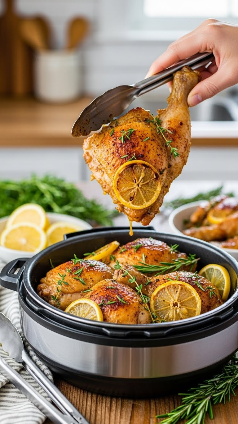 Tender Golden Instant Pot Lemon Herb Chicken With Fresh Lemon And Vibrant Green Herbs, Beautifully Presented On A Rustic Wooden Table.