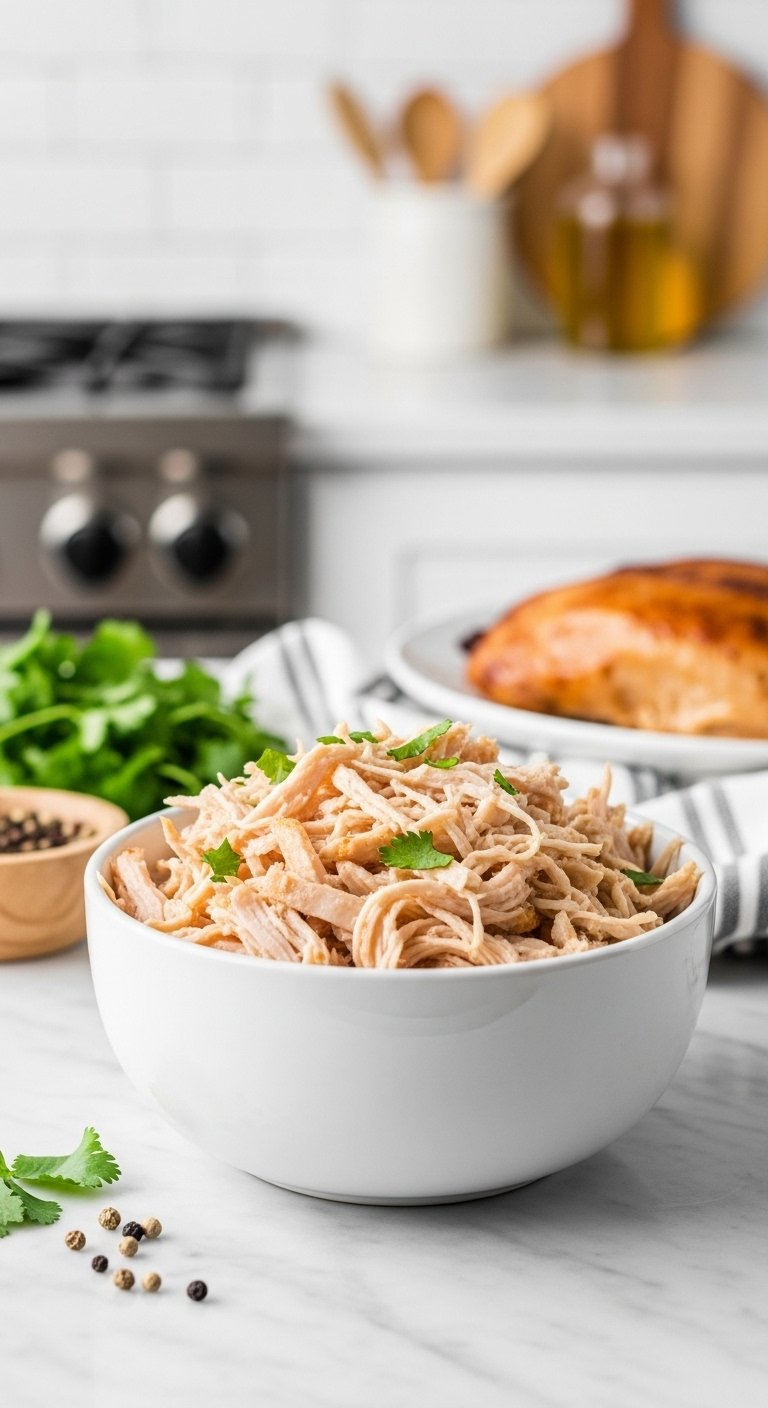 Tender Juicy Shredded Chicken Breast In A White Ceramic Bowl Garnished With Fresh Cilantro On A Marble Countertop.