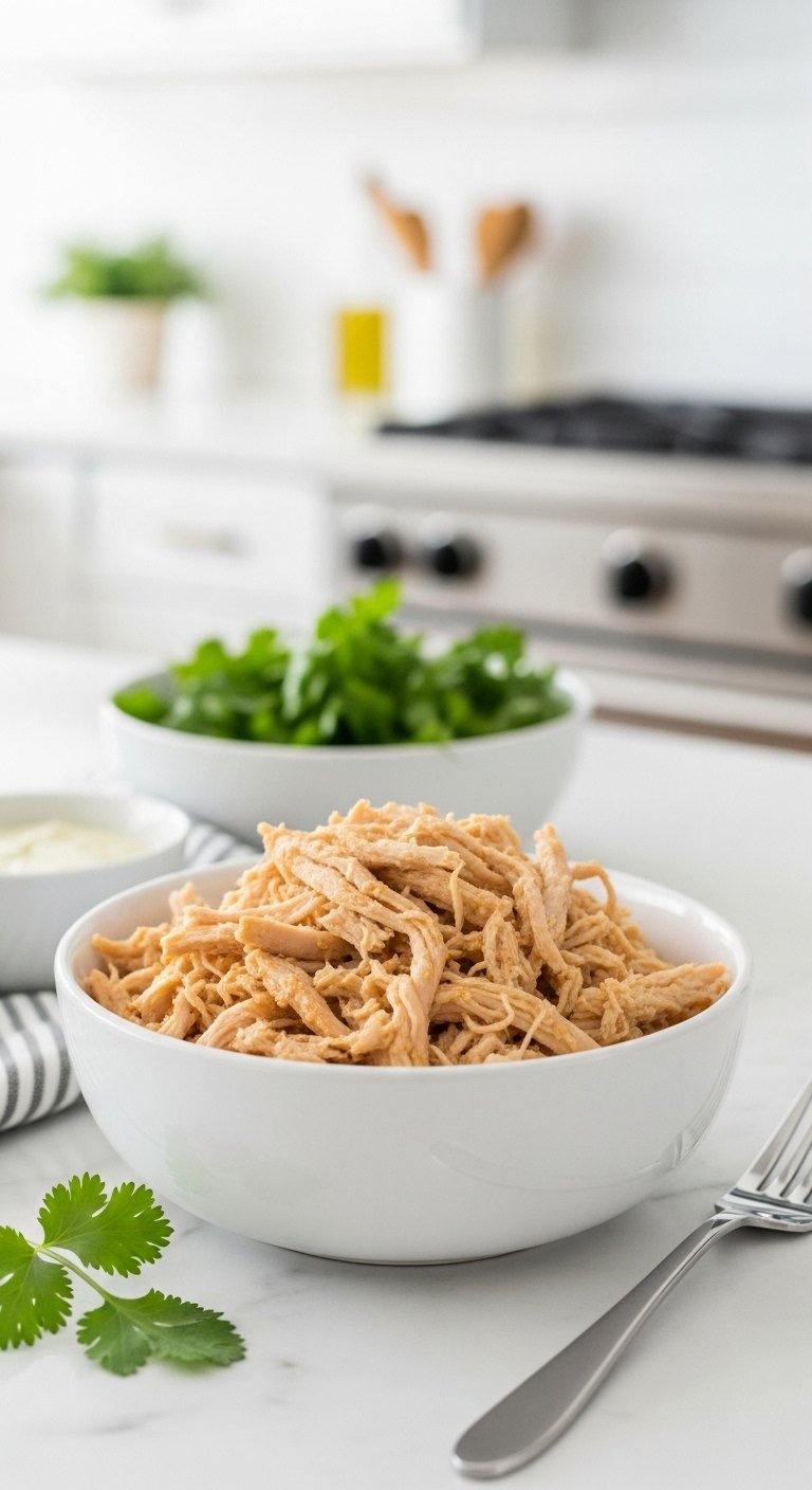 Tender Juicy Shredded Chicken In A White Ceramic Bowl With Fresh Cilantro And A Fork.
