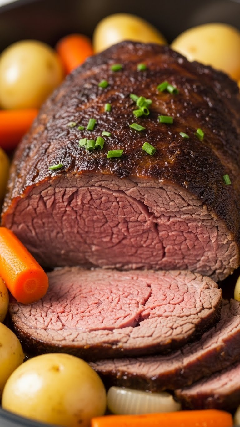 Tender Pot Roast With Baby Potatoes And Carrot Chunks Served In Rustic Cookware With Vegetables