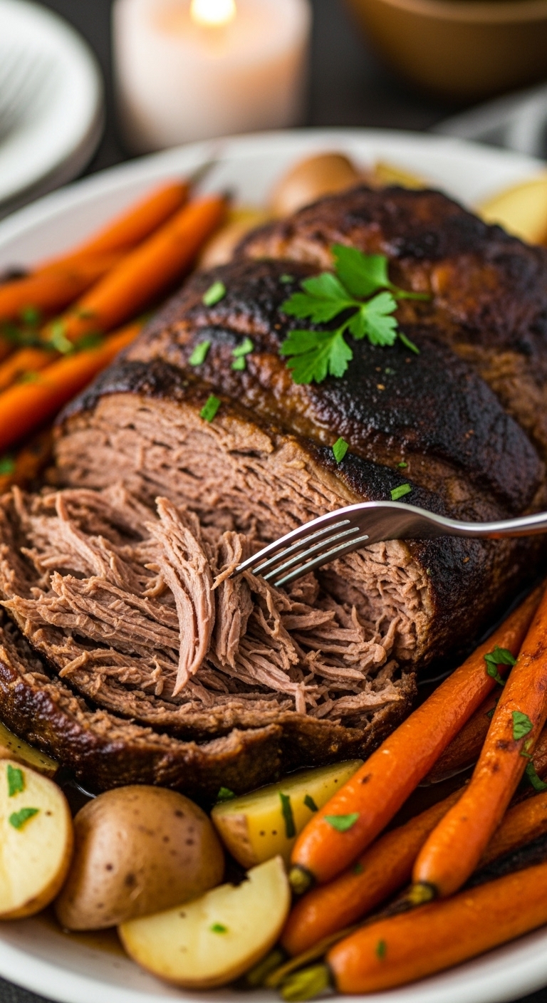 Tender Pot Roast With Roasted Carrots And Potatoes On A Serving Platter