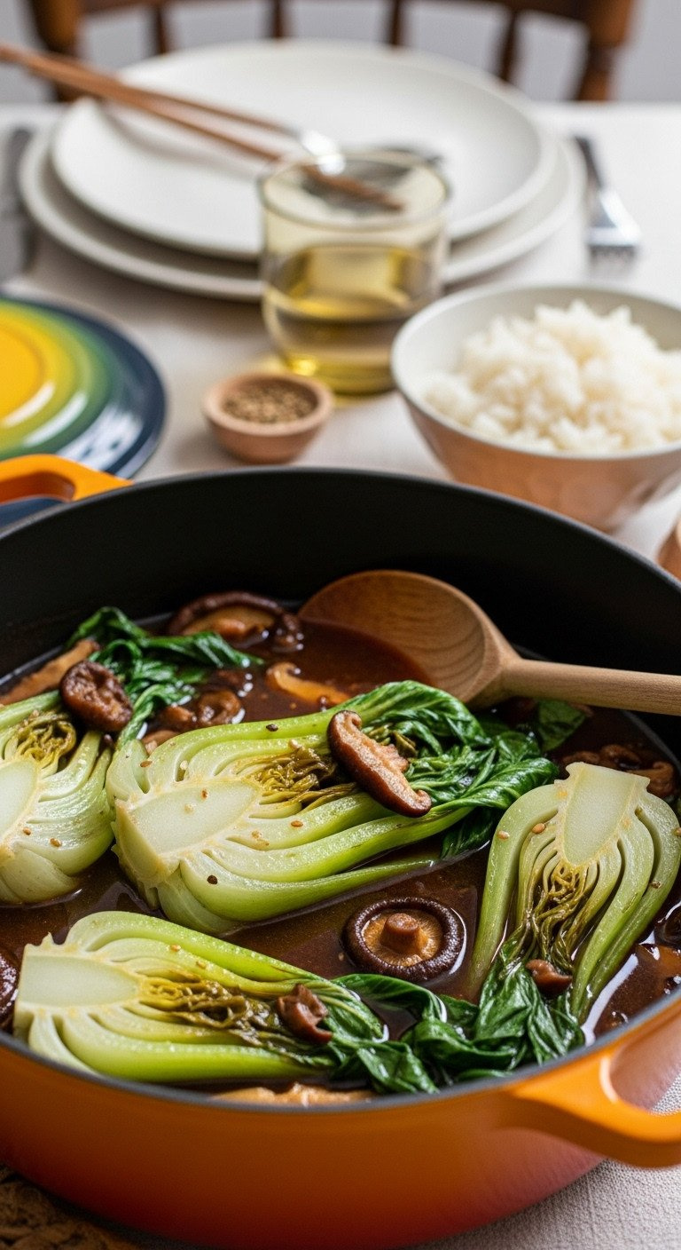 Tender, Savory Braised Bok Choy And Shiitake Mushrooms Simmering In A Rich, Dark Sauce In A Cozy Cast-Iron Braiser Pan.