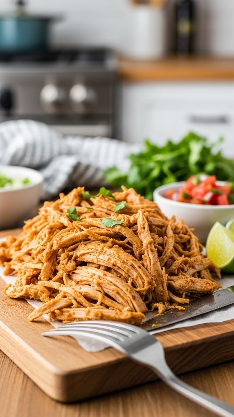 Tender, Seasoned Shredded Chicken Fajita Meat On A Wooden Cutting Board With A Fork, Ready For Serving.