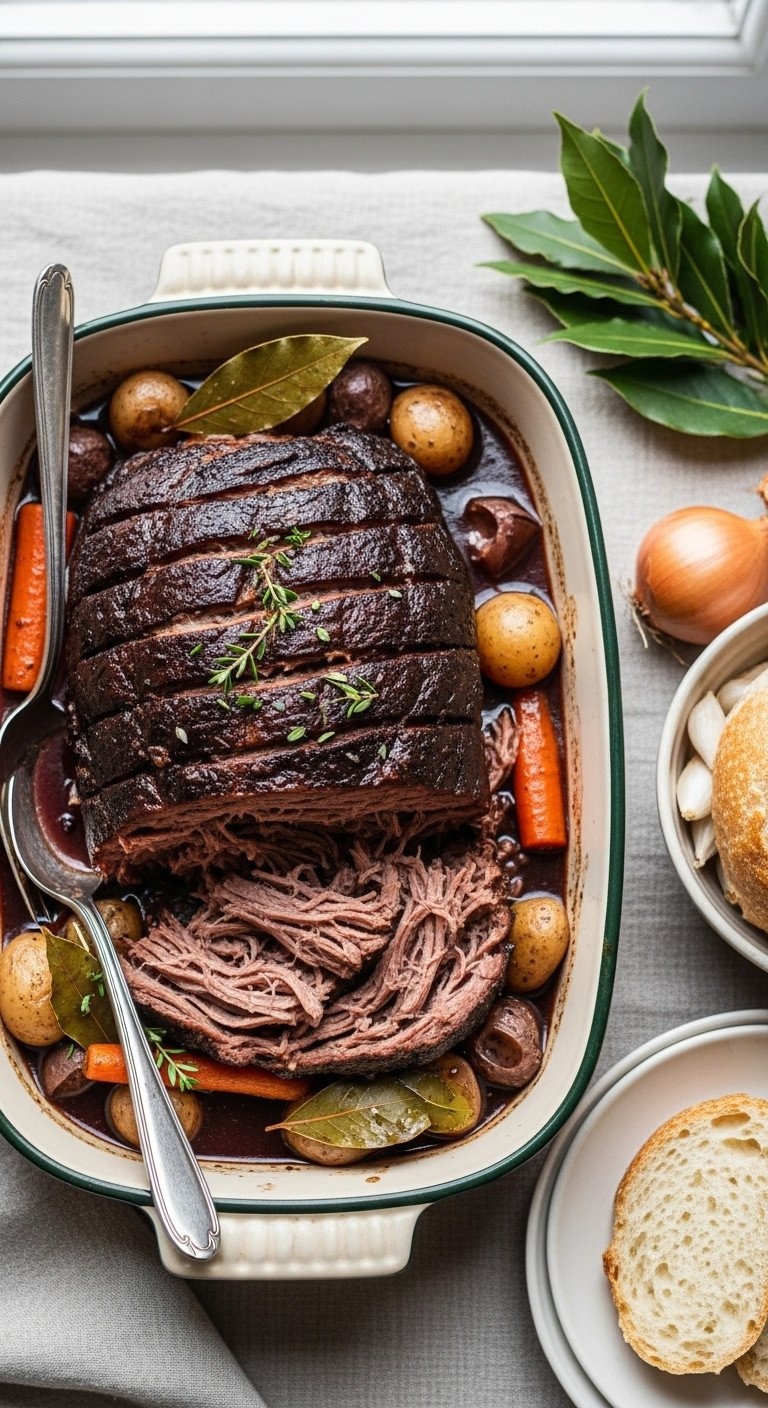 Tender Shredded Chuck Roast In Deep Red Wine Sauce, Root Vegetables. Hearty Holiday Slow-Cooked Beef Dinner.