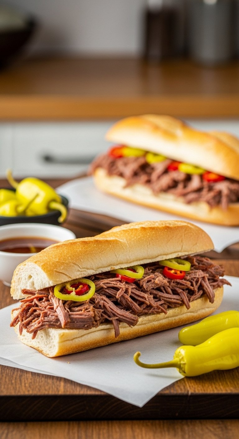 Tender Shredded Italian Beef Sandwich With Pepperoncini Peppers On A Crusty Toasted Baguette.